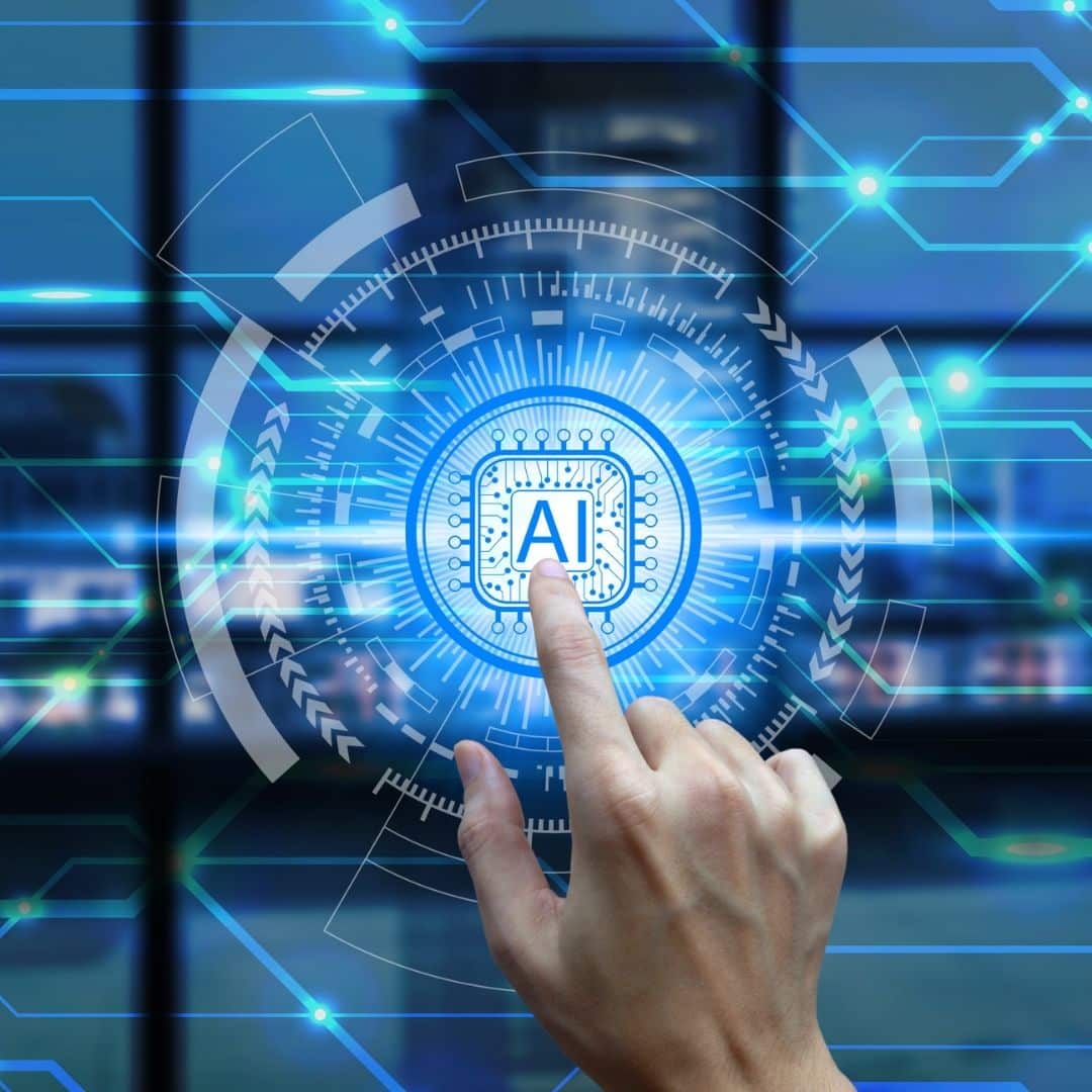 A hand pressing an AI button for AI law firm visibility