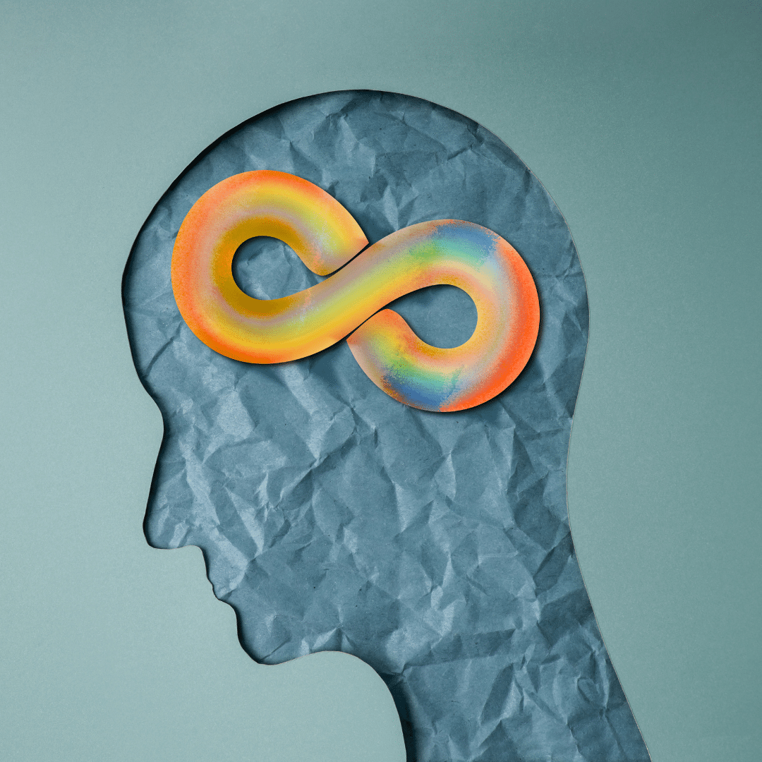 Illustration of a head with an infinity symbol over the brain, symbolizing an infinite mindset in business.